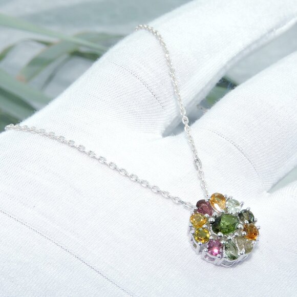 Tourmaline Gemstone Sterling Silver Pendant Adjustable Chain Necklaces - Picture 2 of 4